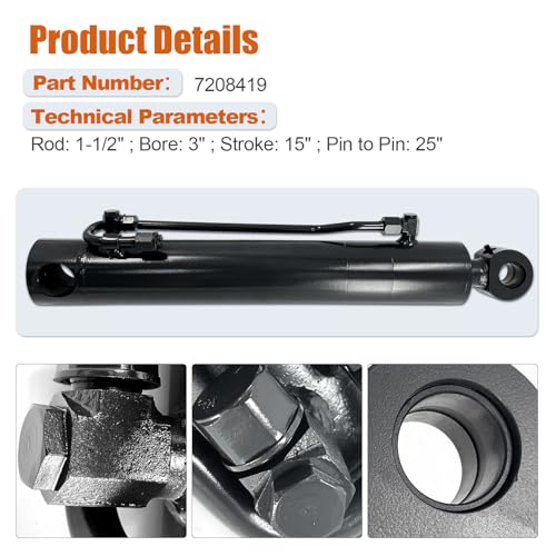 Image of 7208419 Hydraulic Tilt Cylinder, Hydraulic Bucket Cylinder New Fits for Bobcat A300 S220 S250 S300 S330 T250 T300 T320, Rod 1-1 /2 inch, Bore 3 inch, Stroke 15 inch, Pin to Pin- 25 inch