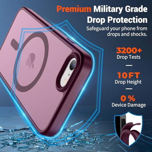 Image of SUPFINE Magnetic for iPhone SE Case 2022 (3rd) /2020 (2nd), iPhone 8 Case with Screen Protector (Compatible with MagSafe) (Military Grade Drop Protection) Translucent Matte Phone Case, Wine Red