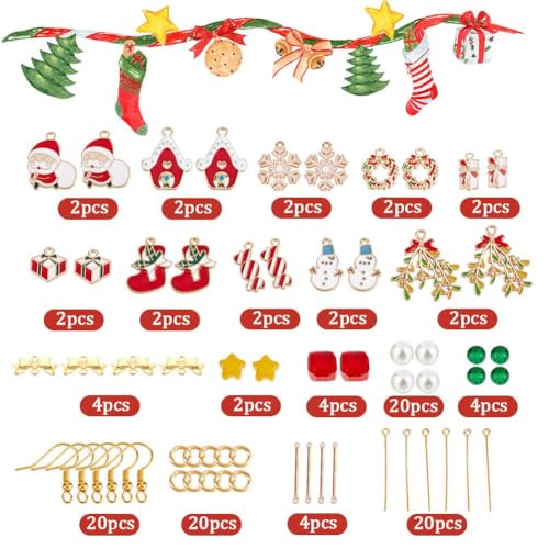 SUNNYCLUE 1 Box DIY 10 works Christmas Charms Enamel Snowflake Charms Earrings Making Starter Kit Snowman Charm Santa Claus Christmas Socks Charms Star Bead Red Green Beads for jewellery Making Kits - Image 2