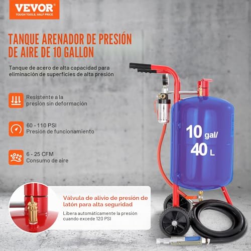 Miniatura 2 de Vevor Máquina Chorro De Arena 40l, Arenadora Chorro De Aena Profesional 60-125 Psi, Con Accesorios 3 M