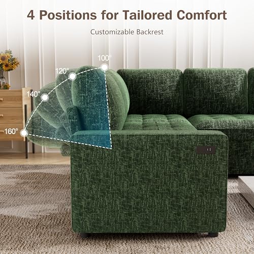 Image of Vipbear 85 Inch Modular Sectional Sofa with Pull Out Bed, Chenille L Shaped 5 Seat Sectional Sofa with USB Ports /Reclining Backrest /Storage Seats, Tool-Free Assembly, Couches for Living Room Green