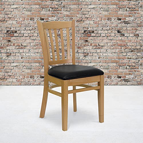 Image of Flash Furniture 4 Pk. HERCULES Series Vertical Slat Back Natural Wood Restaurant Chair - Black Vinyl Seat
