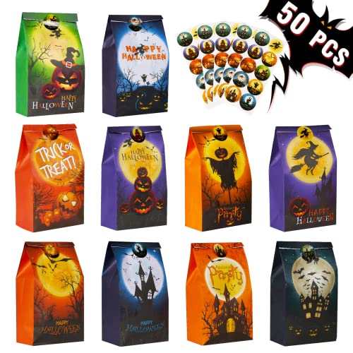 Halloween Goodie Bags, 50PCS Paper Treat Bags with Stickers, 10-Styles Halloween Candy Bags, Halloween Gift Bags for Kids, Trick or Treat Bags for Candies, Snacks