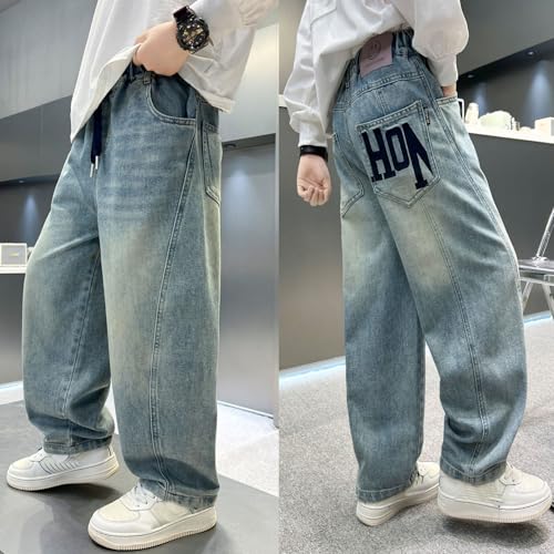 Boys Cargo Pants Casual Loose Fit Denim Trousers Stylish Streetwear Wide Leg Joggers for Kids3