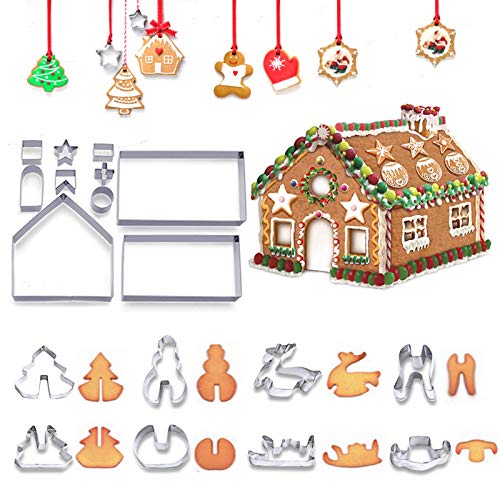 ASANMU Emporte Piece Patisserie Noel, Emporte-Pièce Noël 3D, 18 Pièces en Acier Inoxydable Biscuit Moule Emporte-Pièces en Forme de Maison en pain d'épices de Noël pour Bonhomme de Neige/Arbre de Noël Cover