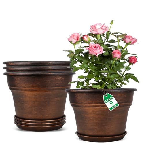 Plantplanterspotssetof4pack9inchplasticflowerpotforindoorplantswithdrainageholestraysresindecorativecontainersetswithsaucerforhouseoutdoorgardenplanterscopper Urban Country Home Decor Plant planters pots set of 4 pack 9 inch plastic flower pot for indoor plants with drainage holes trays resin decorative container sets with saucer for house outdoor garden planters copper urban country home decor
