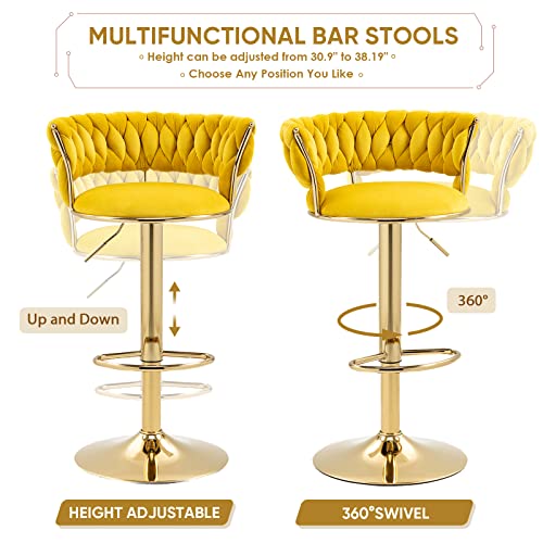 Velvet Swivel Bar Stools Set Of 2, Adjustable Counter Height Bar Stool With Woven Back, Upholstered Kitchen Dining Chairs, Modern Barstools For Kitchen Island, Cafe, Pub, Bar Counter(Mustard Yellow) #TOP2