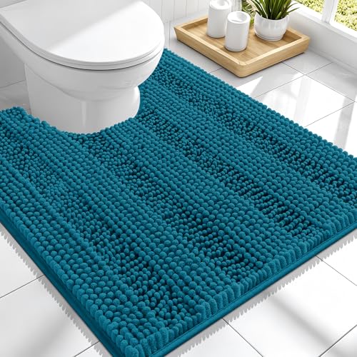 Image of Smiry Thick Chenille Toilet Rugs U-Shaped 24x20, Extra Soft Absorbent Striped Contour Bathroom Rugs, Machine Washable, Dry Quickly, Bath Mat, Peacock Blue