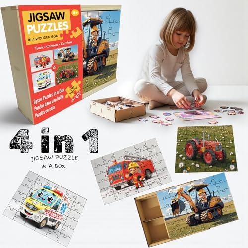 Image of Wooden Construction Vehicle Jigsaw Puzzle Set for Kids (3+ Years) | 4-in-1 Utility Vehicle Puzzles with Wooden Storage Box | Educational & Screen-Free Learning Toy