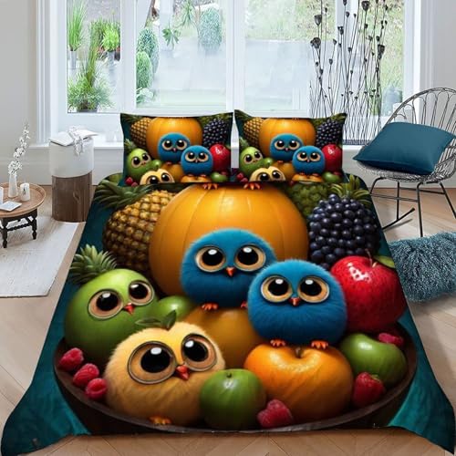 Housse de couette King chouette et fruits en microfibre avec 2 taies - 3