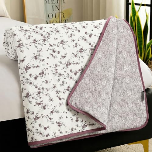 Image of Story@Home Dohar Single Bed Cotton 100% | 150GSM 144 X 220 cm Quilt AC Blanket for Summer | AC Comforter Single Bed | Burgundy & White, Floral Reversible Design Duvet | All-Season Blanket