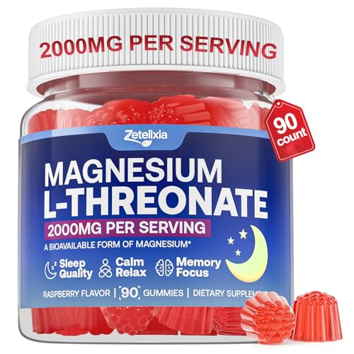 90 Count | Magnesium L-Threonate Gummies 2000mg, Magnesium Threonate Supplement for Adults & Kids, Support Cognition, Restful Sleep & Muscle Health, Sugar Free, Vegan, Non-GMO, Raspberry Flavor