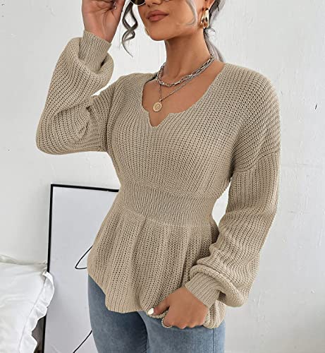 Image of Veatzaer Womens V Neck Sweaters Fall Trendy Casual Long Lantern Sleeve Ribbed Knit Pullover Sweater Tops