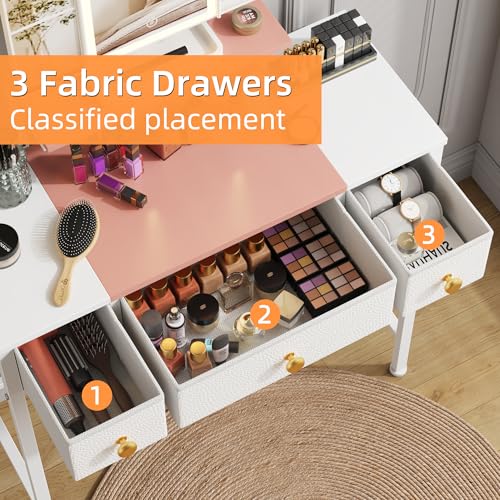 Image of HIGDBFE Small Makeup Vanity Desk 27.5''W with Mirror and Lights, 3 Drawers | USB Lighted Mirror, Height-Adjustable Stand, Fabric Drawers, Girls /Kids Gifts, Bedroom, Small Space, Dorm, White&Pink