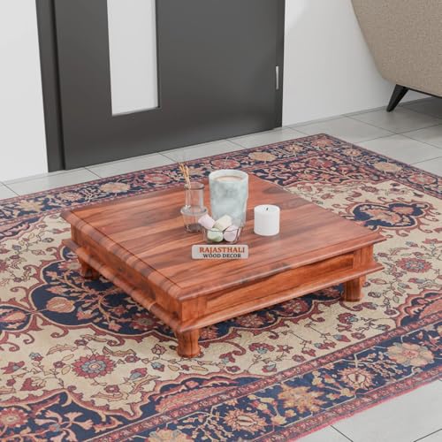 Image of Solid Sheesham Wood Pooja Chowki for Home & Mandir | Wooden Chowki Table for Living Room, Hall & Office | Traditional Low Height Wooden Table for Pooja Room, Coffee & Dcor | Natural Finish
