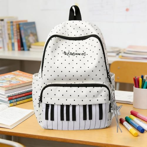 Sac à dos décontracté blanc imprimé piano grande capacité unisexe - 3