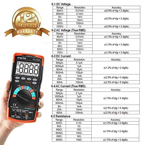 True Rms Digital Multimeter Tester 6000 Counts Ac Dc 20A Ohmmeter Voltmeter Dmm Measure Voltage Current Amp Resistance Diodes Continuity Duty-Cycle Capacitance Temperature (Btmeter Bt-770T) #TOP6