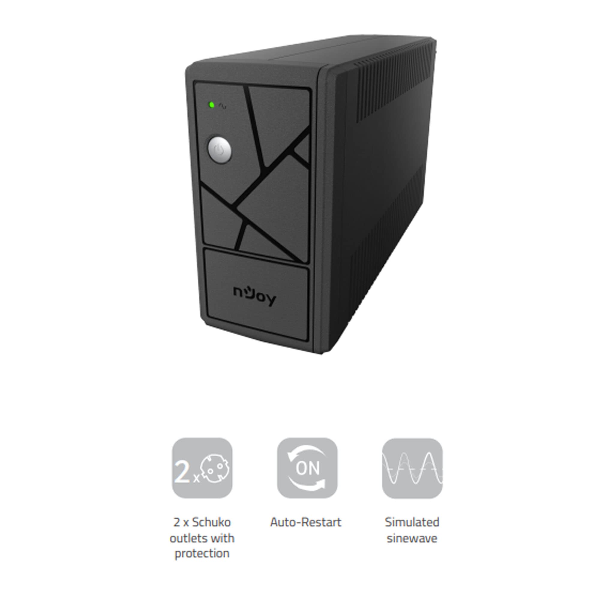 NJOY Keen 600VA Gruppo di Continuità 360 Watt, Tecnologia Line Interactive, UPS con Onda Sinusoidale Simulata, AVR, 2 Uscite Shuko, 1 Batteria - Garanzia 3 Anni