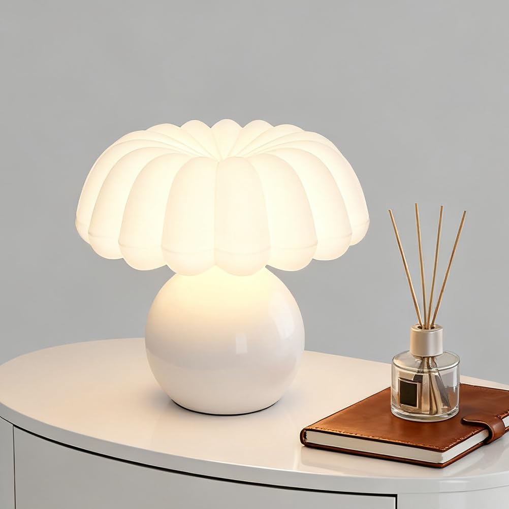7W LED Tischleuchte mit Kabel Keramik Tischlampe Moderne Pilz Lampe Acryl Lampenschirm Weiß Deko Kleine Lampe Dimmbar Nachttischlampe 3000K/4000K/6000K für Schlafzimmer Wohnzimmer