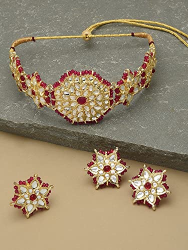 Crystal Beaded Ethnic Kundan Choker Necklace Earring & Ring Set