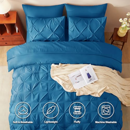 CozyLux King Size Comforter Set Teal, 7 Pieces Pintuck Bed in A Bag Teal Comforter King Size, Pinch Pleat Bedding Set with All Season Comforter, Sheets, Pillowcases & Shams