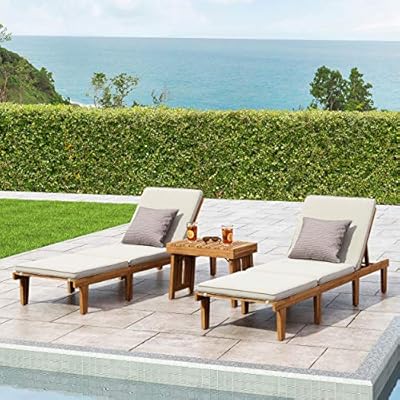 Christopher Knight Home Carlos Outdoor Acacia Wood 3 Piece Chaise Lounge Set, Teak Finish, Cream 51ezNfsUQQL. SS400