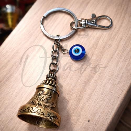 Image of OTTAVO Premium Guardian Bell Keychain for Bike & Car | Tibetan Texture Bell Keychain with Evil Eye & Silver Hook | Good Luck Charm with Laser-Engraved Wooden Gift Box