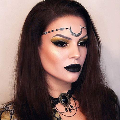 Aiyuan Head Jewelry Headband Vintage Crescent Moon Head Chains Black Headpieces Crystal Hair Accessories Forehead Chains for Prom Wedding Party Halloween Headdress for Women and Girls (Silver)