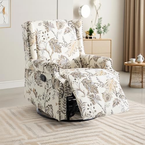 Image of Swivel Rocker Recliner Chair, 360 Swivel Wingback Recliner Chairs for Adults, Upholstered Printed Fabric Glider Rocking Chair with High Back, Deep Seat for Living Romm Bedroom, Plants Beige