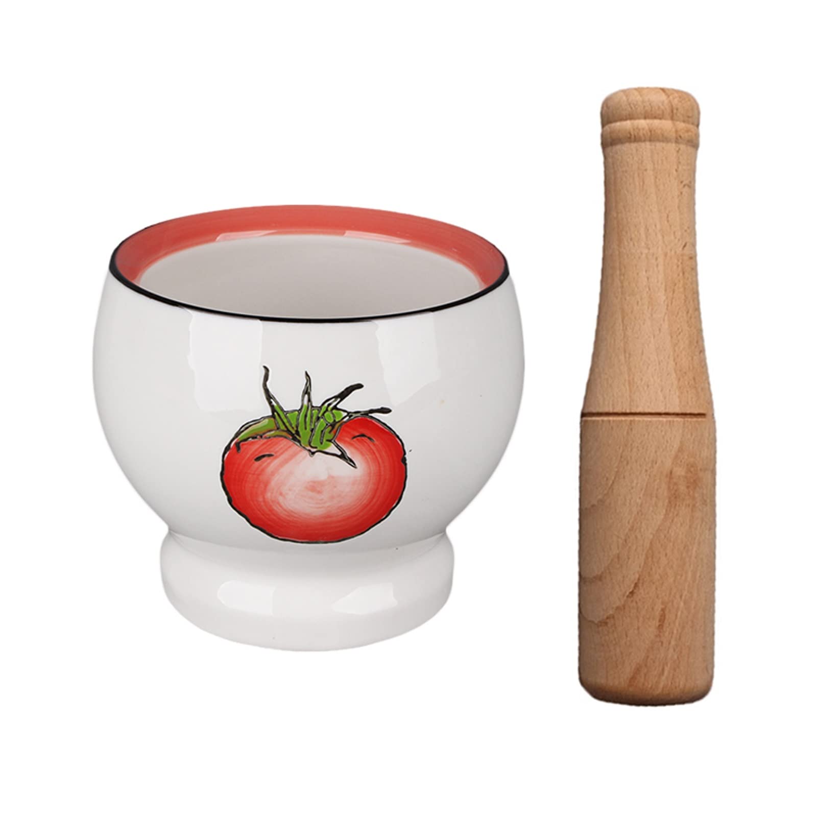 Juego de mortero y mortero de porcelana decorado con un bonito patrón de tomate pintado a mano, triturador de pastillas de cerámica blanca (un color pequeño)
