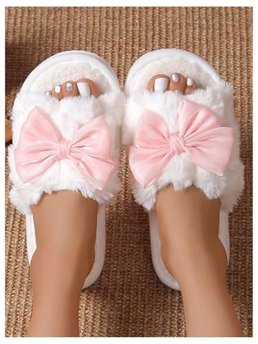 Verdusa Women's 3D Bow Plush Fuzzy Slippers Open Toe Warm Indoor Bride Wedding Slippers3