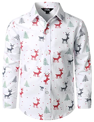 JOGAL Jungen Funky Christmas Print Weihnachtsmann Hemd Langarm Button Up Kinder Freizeithemd Weiß 12 Jahre