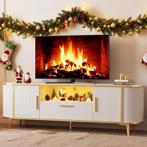 HOOBRO 66" Fluted TV Stand for TVs Up to 75", White and Gold TV Stand with Power Outlet, Entertainment Center with LED Lights and Curved Profile Design, Modern TV Media Console for Living Room