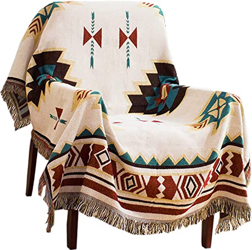 VANJOROY Aztec Navajo Sofa Large Throw Blanket for Single 2 Seater Settees,100% Handwoven Cotton Tribal Ethnic Bohemian Armchair Throw for Couch Sofa and Bed-130×180cm