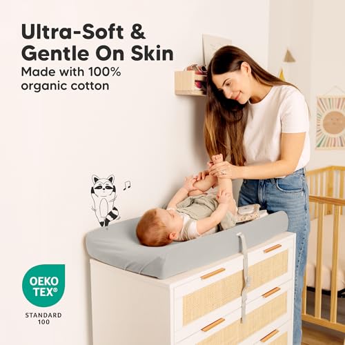 Image of 2-Pack Organic Changing Pad Covers for Girl, Boy, Neutral - 100% Cotton Changing Table Pad Cover, Soft Baby Nursery Diaper Changing Pad Sheets, Contour Changing Pads Liners, Change Pad Cover (Steel)