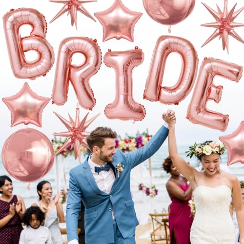 Image of Rose Gold Bride Balloons Bachelorette Party Decorations, 32in Rose Gold Giant Bride Balloons with 4D Disco Ball Balloon and Star Foil Balloon for Bridal Shower Wedding Engagement Party Supplies