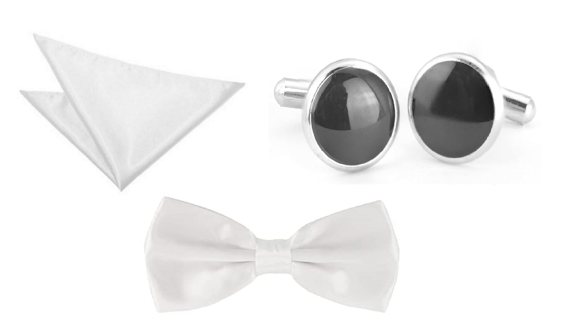 FashMade Elegant Satin Bow, Pocket Square, and Enamel Black Round SS Cufflinks Combo Set for Adults and Kids - Perfect for Formal Events, Weddings, and Parties-image-38