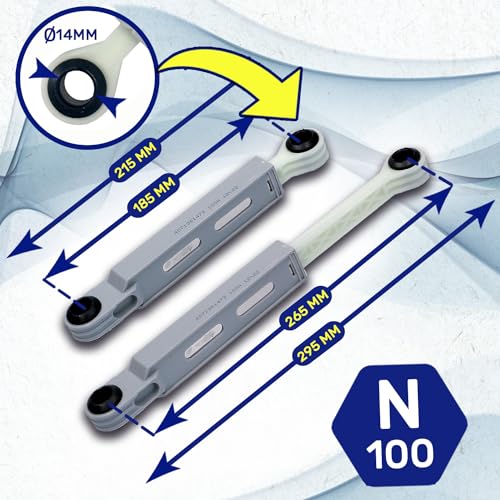 2 Stück Stoßdämpfer Waschmaschine 100N Ø14mm Länge 295 mm – 215 mm mit dem Originalcode 4055211207 8996450506309 8996451209606 8996453289507 für AEG - Garantie 10 Jahre - MONTERAL