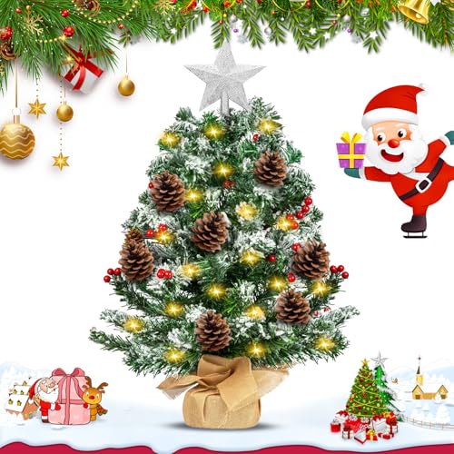 ZQEJEFD Pequeño Árbol de Navidad con Luces LED, Mini Árbol de Navidad Artificial Preiluminado de 50CM con Luces LED y Cono de Pino, Árbol de Navidad Pequeño para Decoración de Escritorio de Navidad