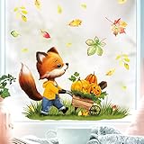 Fensterbild Herbst Herbstblätter Fuchs mit Schubkarre mit Kürbissen Halloween bunt wiederverwendbare Fensteraufkleber Kinderzimmer Baby Kind, A3 Bogen