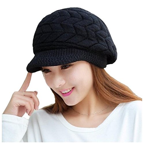 ELINKA Women Winter Warm Knit Hats Caps Wool Snow Ski Cap Beanie Ski Berets Snapback Caps with Visor (Black)