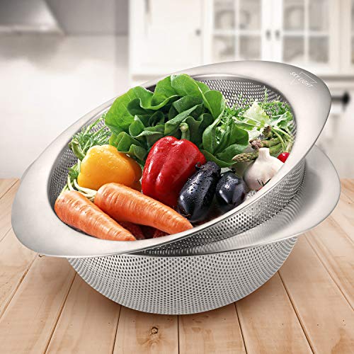 Kitchen Colander Set of 2, Stainless Steel Mesh Strainers Perforated Colander and Strainer with Heavy Duty Handles for Draining Pasta, Quinoa, Dishwasher Safe,3 Quart//Gift Box Included
