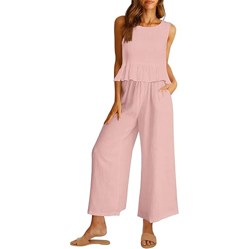 AUTOMET Womens Summer 2 Piece Outfits Linen Crop Tank Tops Lounge Matching Sets & Long Track Pants Tracksuits 2025