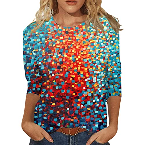 Womens 3/4 Sleeve Tops And Blouses Plus Size Summer Geometric Print Womens Dressy Tops Plus Size Crewneck Slim Fit Half Sleeve Graphic Tees For Women Vintage Spring Womens Blouses And Tops Orange Xl #TOP1