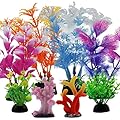 QUOZUO Fish Tank Decorations Plants with Resin Coral, 8 pcs Aquarium Decorations Small Plants Plastic, Fish Tank Accessories Aquarium Decor