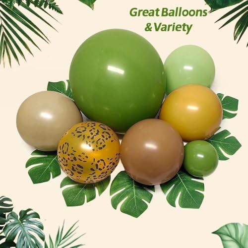 Image of Jungle Safari Balloons Arch Garland Kit, Sage Green Brown Yellow Animal Print Balloons Palm Leaves for Wild One Safari Baby Shower Tropical Woodland Birthday Party Decorations
