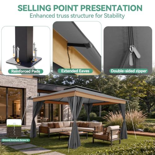 Image of COBIZI 10x15 Outdoor Patio Gazebo with Privacy Curtains, Gray | Soft Top Gazebo Double Roof, Dual Ceiling Hooks, Privacy Curtains, Heavy-Duty Steel Frame Canopy for Backyard, Deck & Garden