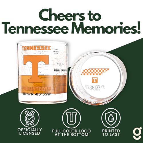Image of Greenline Goods University of Tennessee Volunteers Whiskey Glasses Set of 2, 10 oz Rocks Glasses with Full-Color Logo & Campus Map - Officially Licensed Bourbon Glass Gift for Alumni & Fans