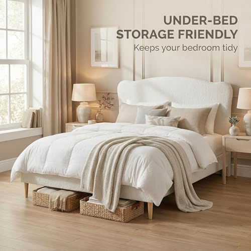 Image of GarveeHome Queen Size Bed Frame with Upholstered Headboard, Soft Low Profile Sturdy Platform Bed with Rounded Corners Design, Heavy Duty, Wooden Slats, Noise Free, No Box Spring Needed, Beige
