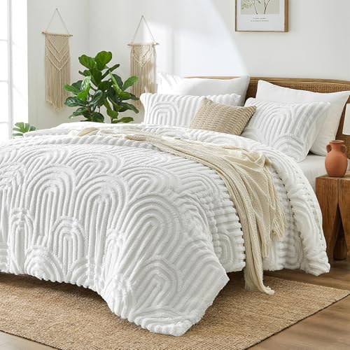 Image of Nesker Boho Tufted Full Comforter Set, 7 Pcs White Bedding Sets, Cozy Chic Soft Bed in a Bag, Arch Pattern Shabby Bed Set All Season with Comforter, Fitted Sheet, Flat Sheet & Pillowcases